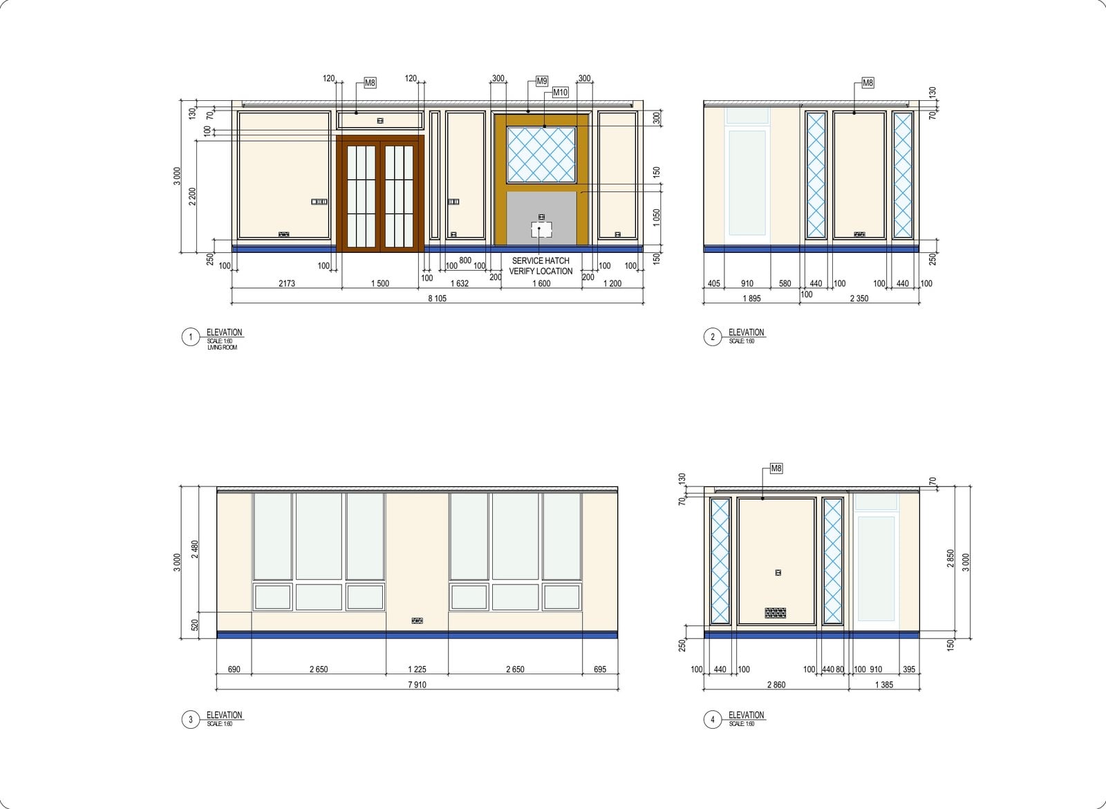Interior drawings: wall elevations with door and window openings