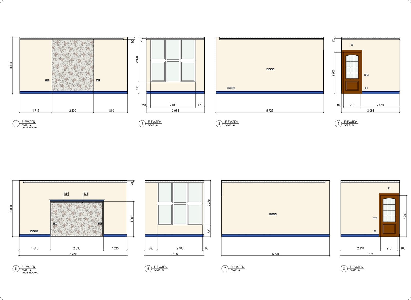 Interior drawings: wall elevations with finishes and dimensions