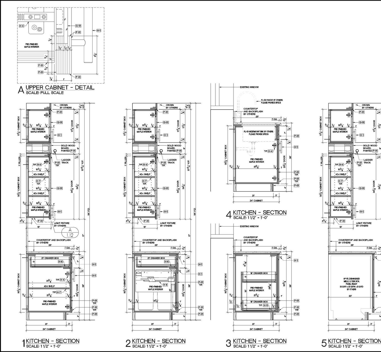 Kitchen cabinet shop drawings: upper cabinet detail at full scale with sections