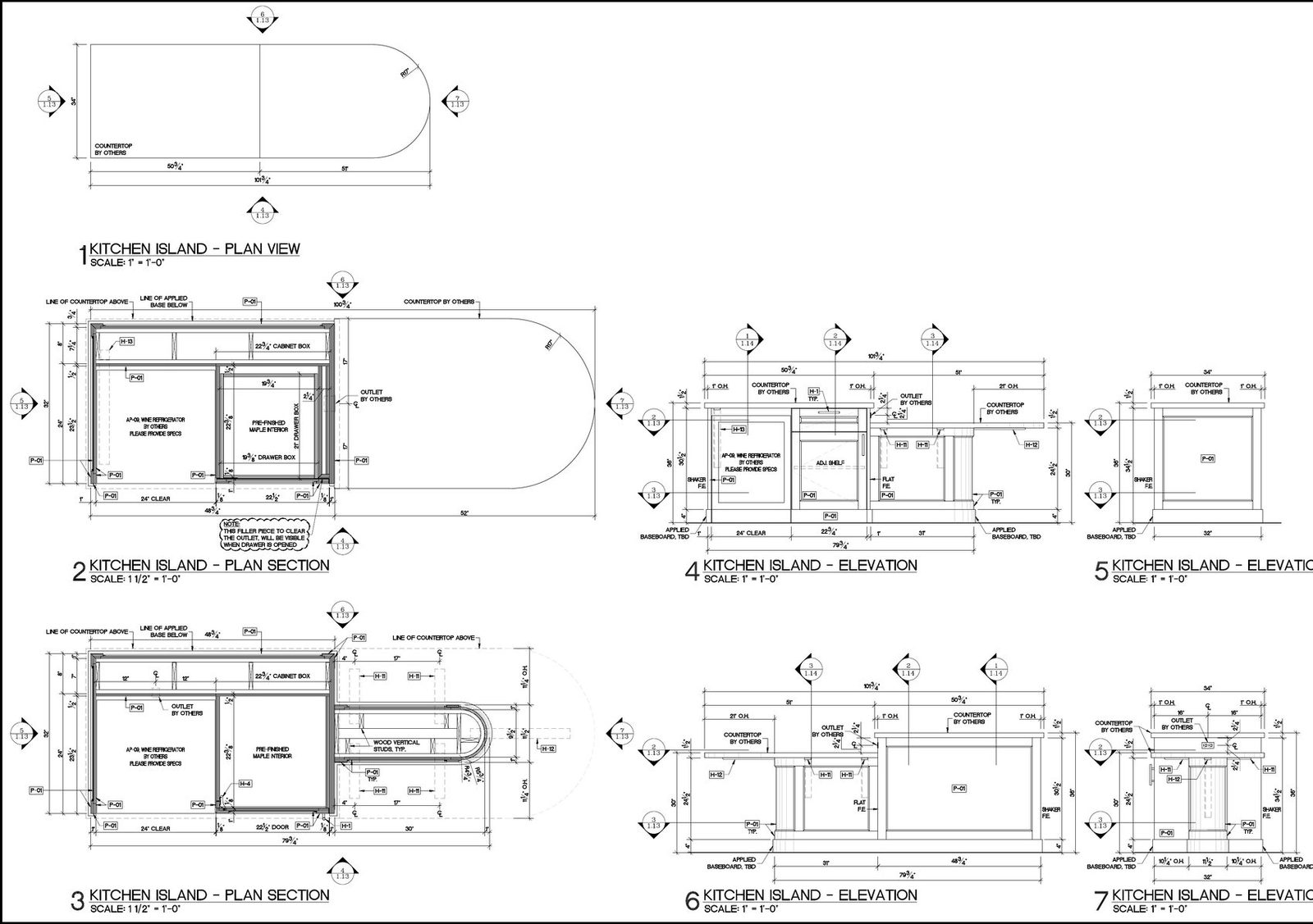 Kitchen island shop drawings: plan view, plan sections and elevations