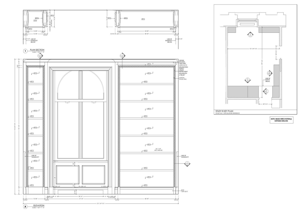 Library millwork: elevation of a panelled study wall with glazed cabinet