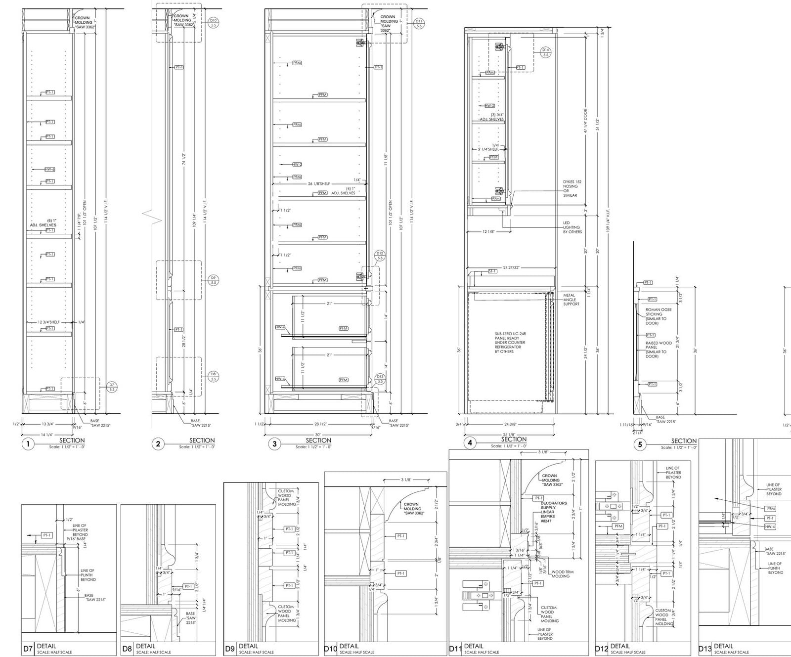Millwork Sections and Profile Details Architectural woodwork sections with crown molding and raised panel profile details
