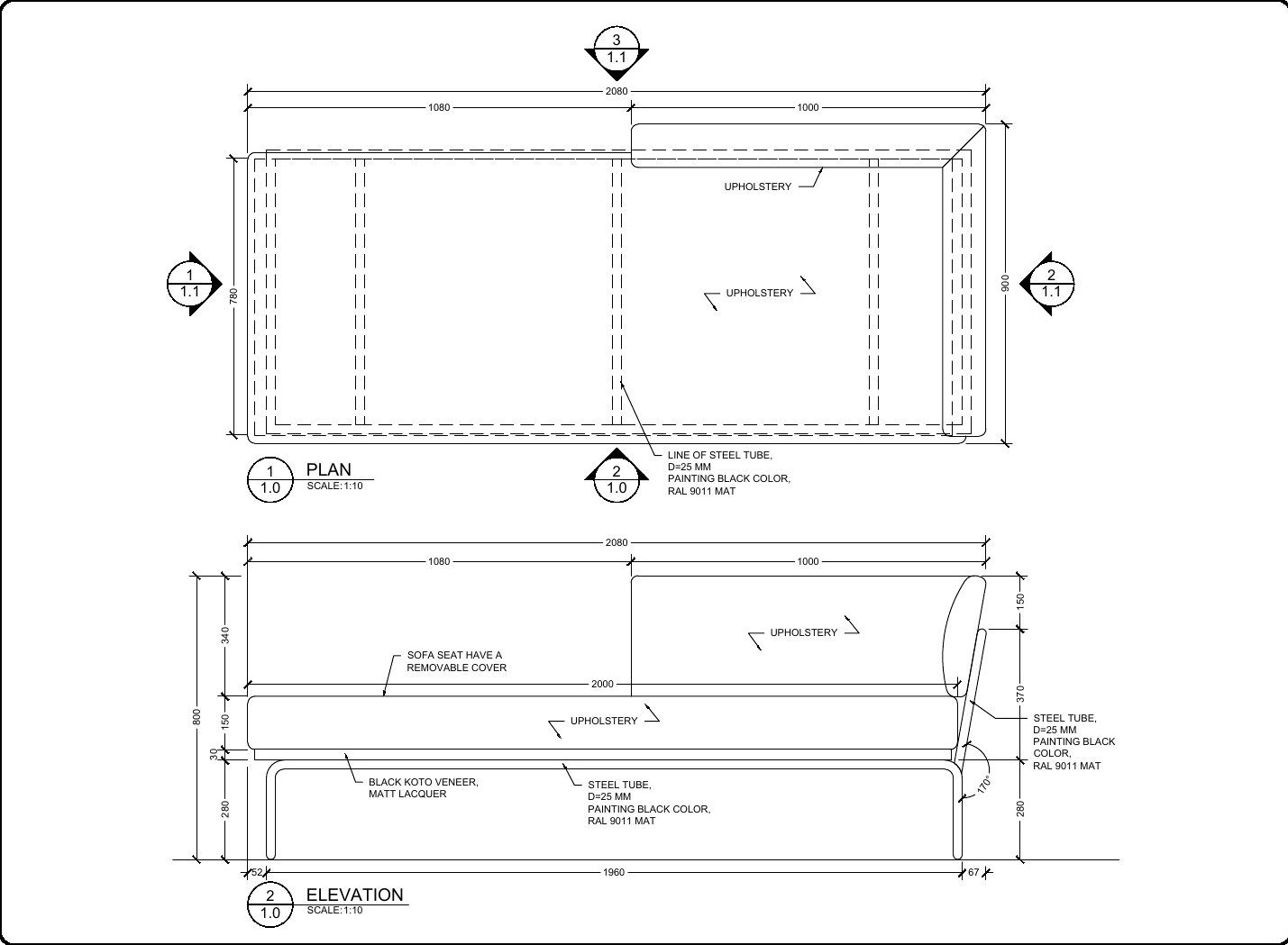 Lounge seating shop drawings: plan and elevations of a sofa with steel frame