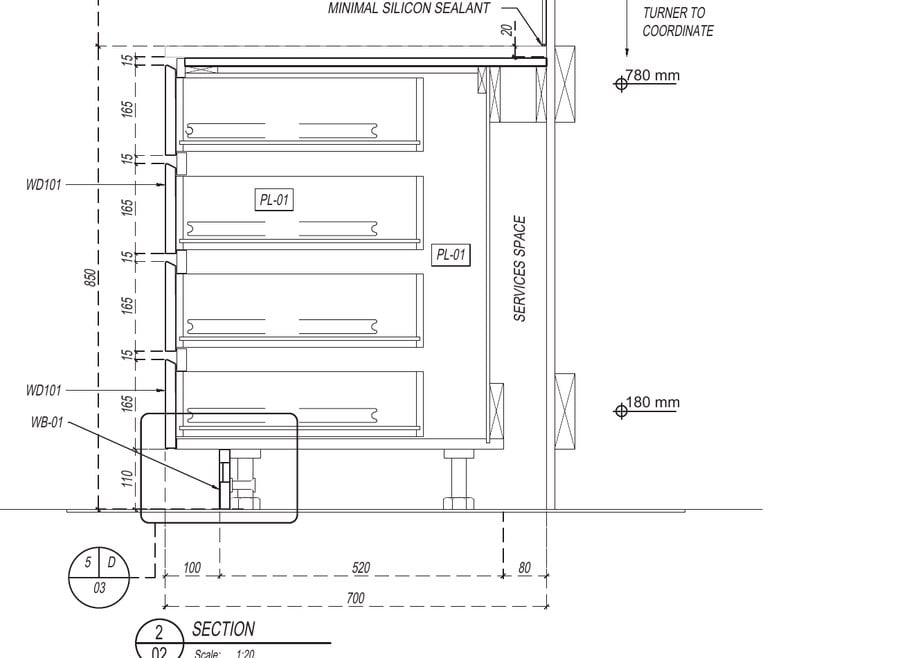 Millwork shop drawing section through a cabinet showing carcass, adjustable shelves and drawer stack with dimensions