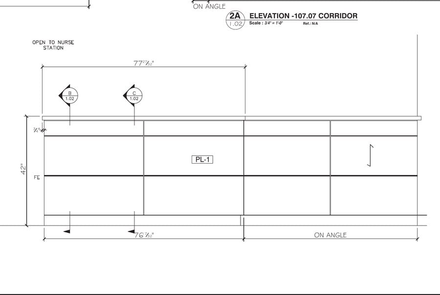 Millwork shop drawing elevation of corridor casework with overall dimensions and a PL-1 material tag