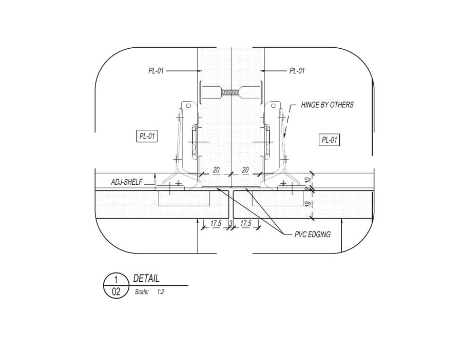 Millwork shop drawing joinery detail at 1:2 scale with PVC edging, hinge and adjacent shelf fixing