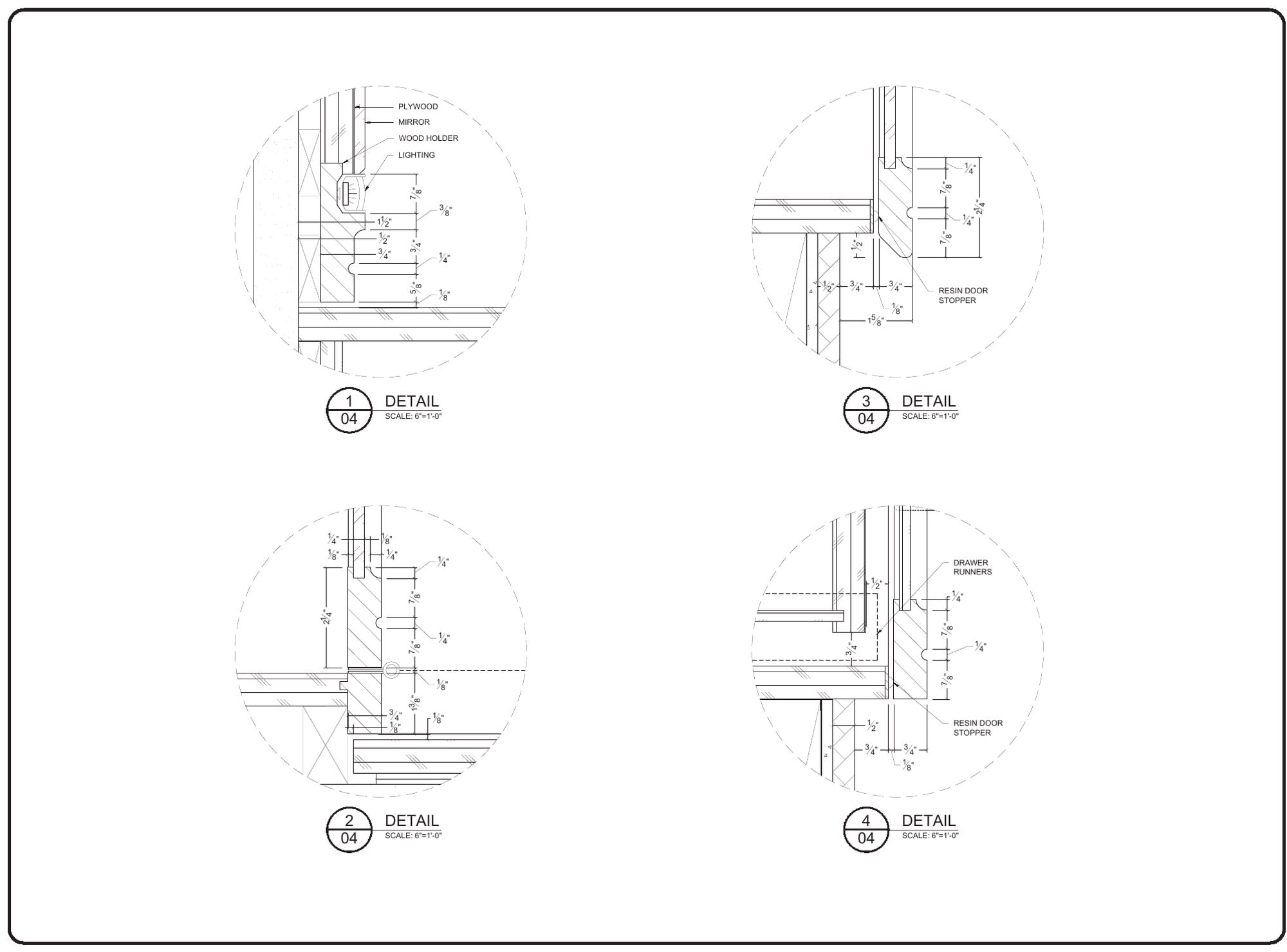 Millwork shop drawing details: mirror holder, resin door stopper and drawer runner joinery