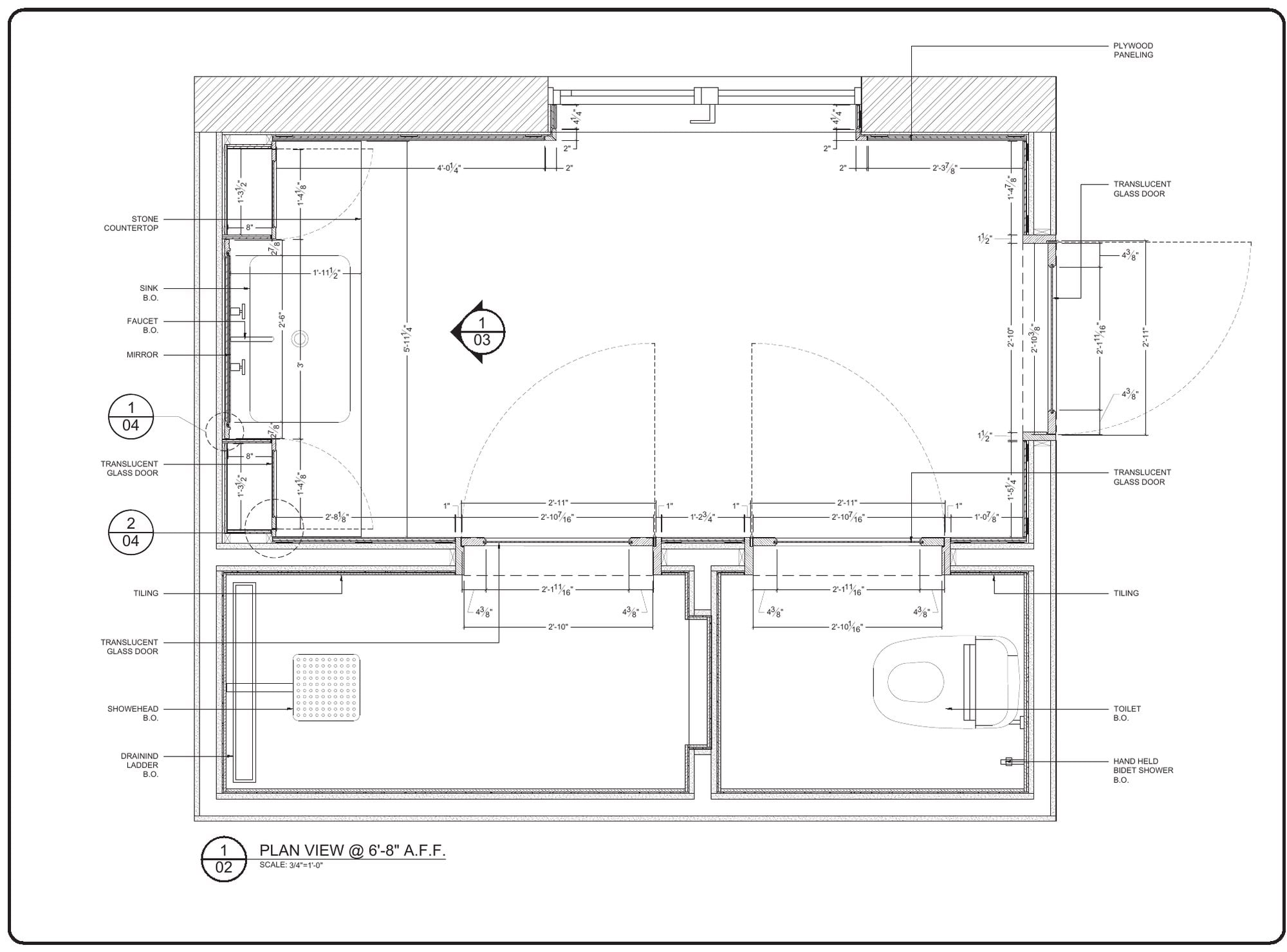 Millwork shop drawing: bathroom plan view with vanity, glass doors and tiling callouts