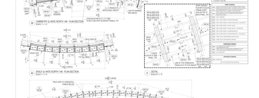Millwork shop drawing example: plan view of a curved shelf unit with dimensions