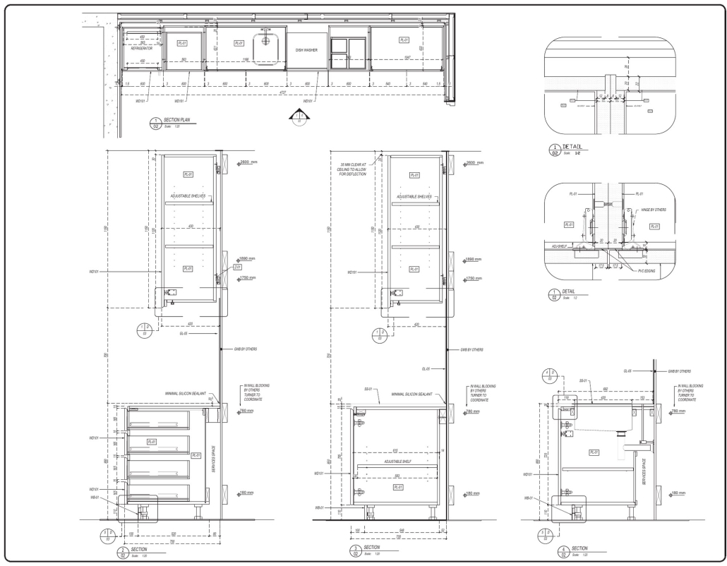 Millwork section drawing of a pantry cabinet with adjustable shelves