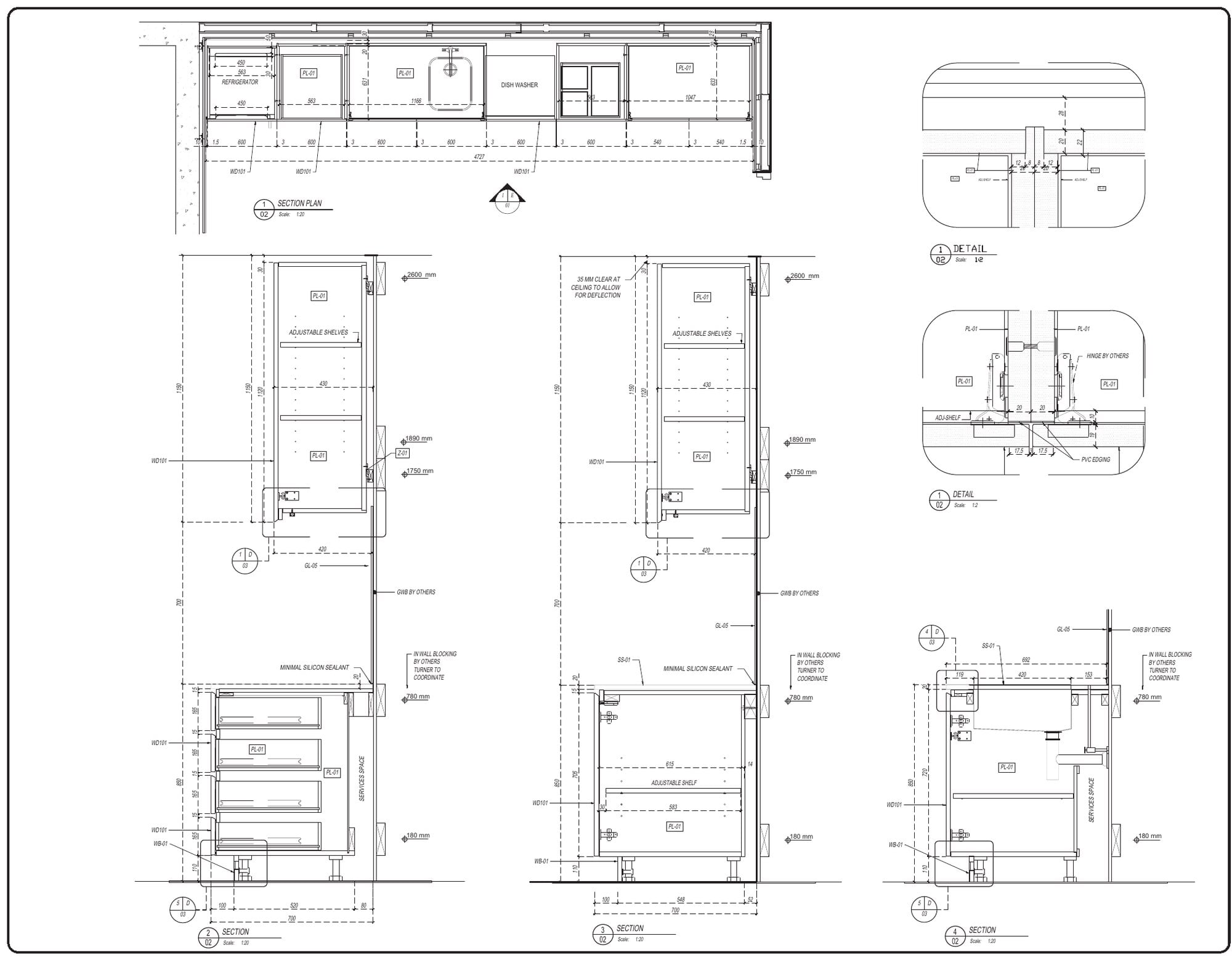 Millwork shop drawing: pantry cabinet sections with adjustable shelves and drawer stack