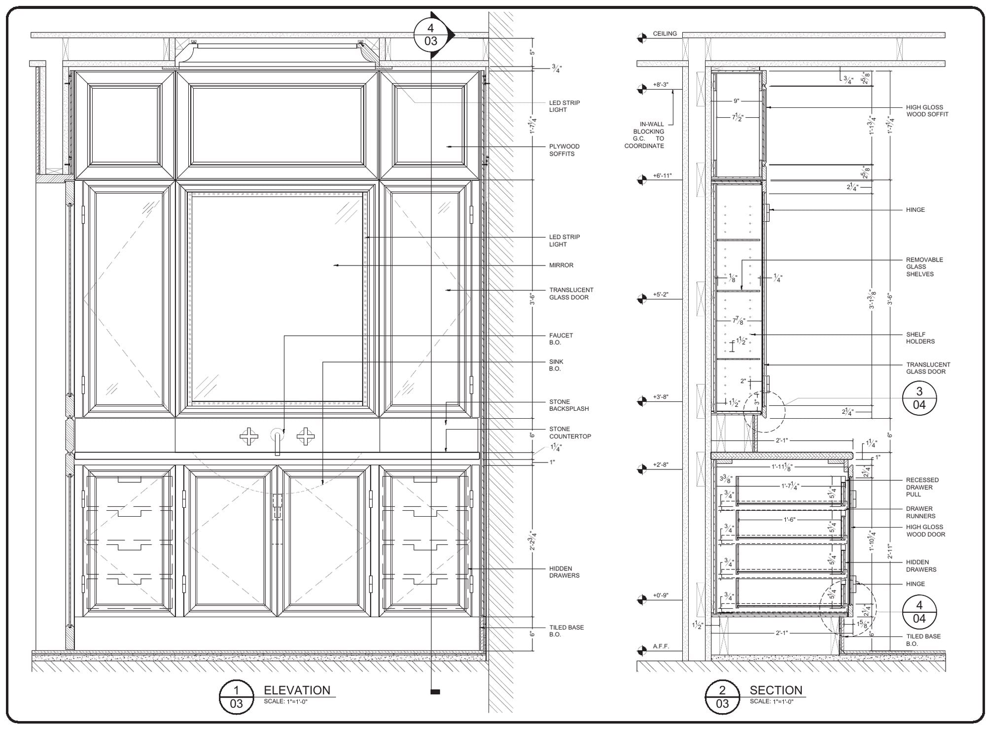 Millwork shop drawing: vanity wall elevation and section with LED strip, mirror and hidden drawers