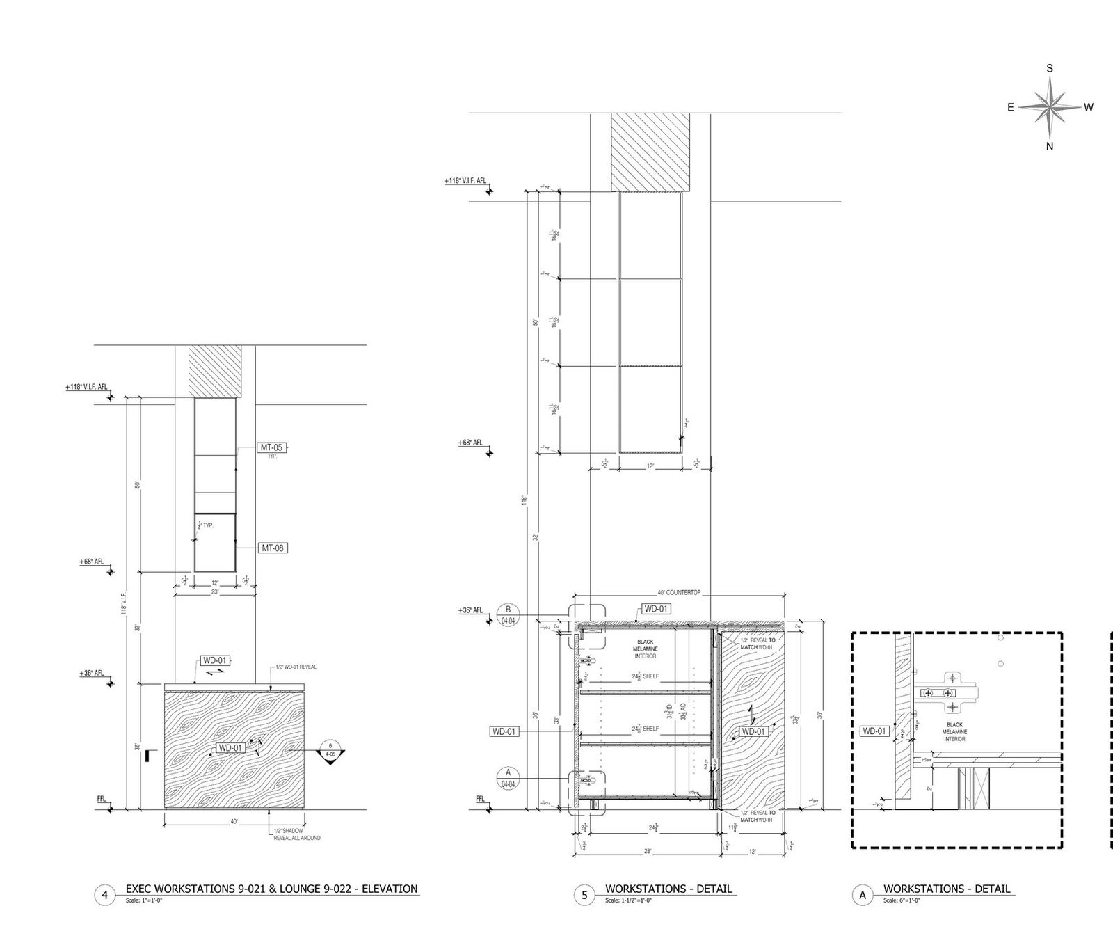 Office casework shop drawings: sections and details at the worktop