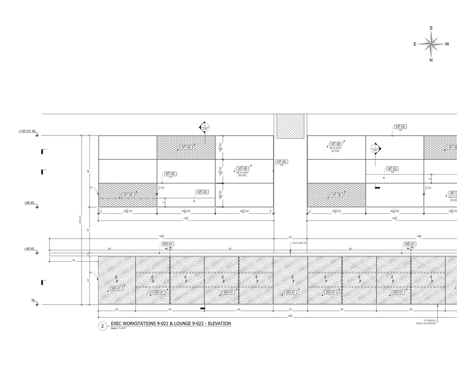 Office workstation shop drawings: elevation of a bench desk run with storage