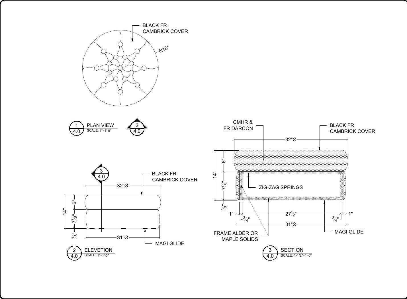 Tufted ottoman shop drawings: plan, elevation and section with frame and springs