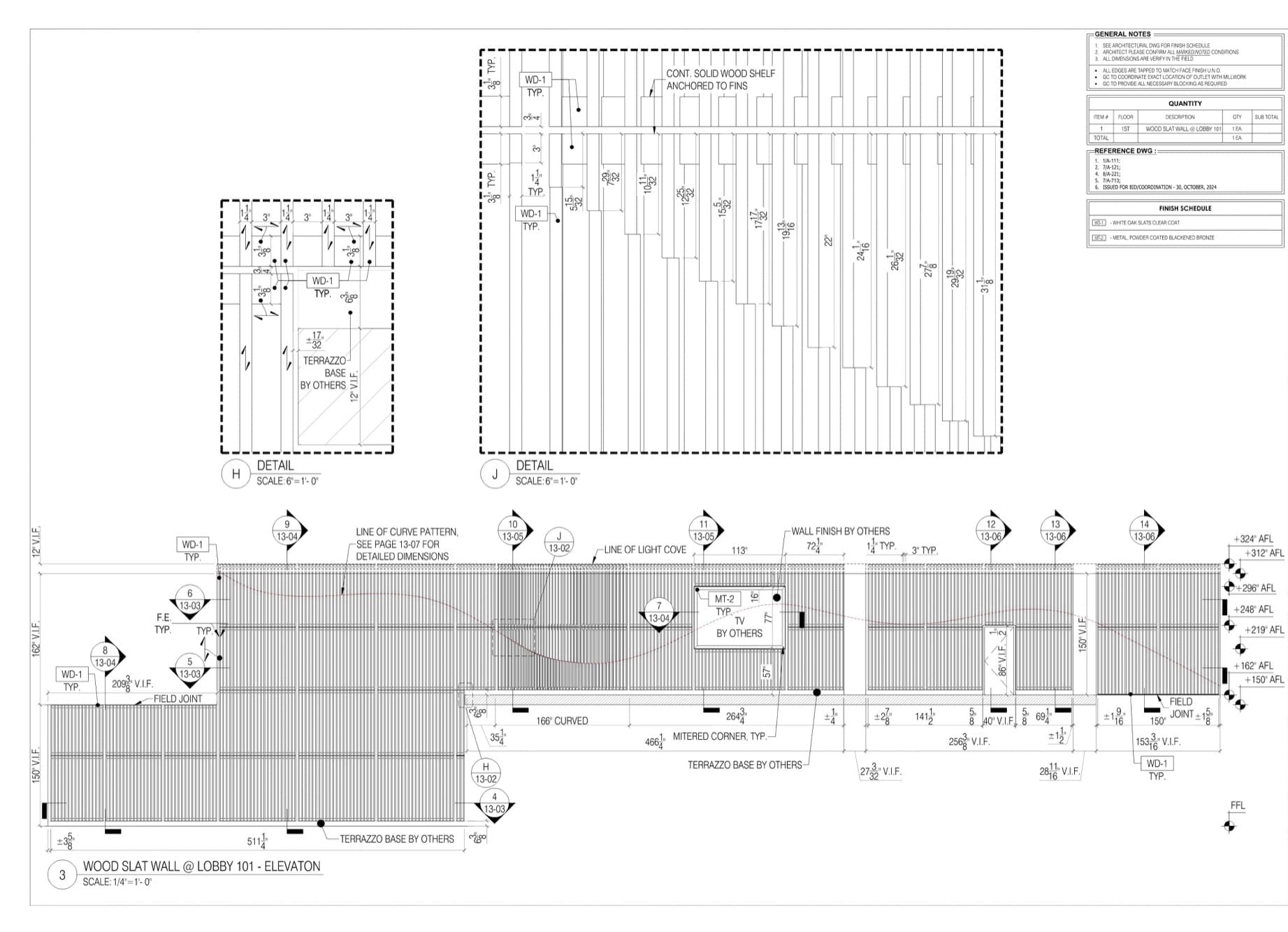Millwork shop drawing of a wood slat wall: elevation with details