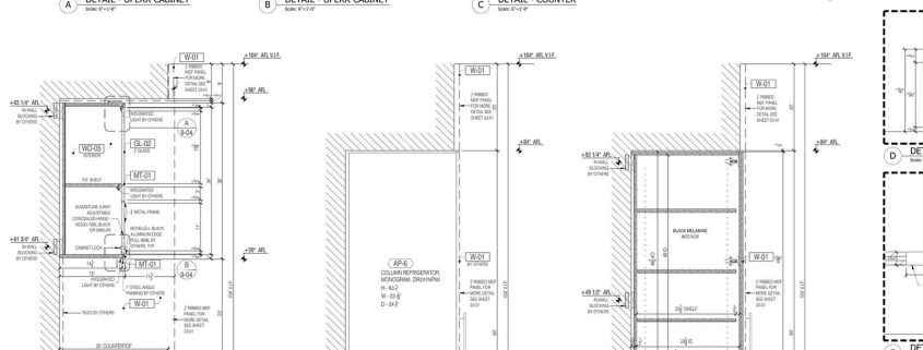 Pantry cabinet shop drawings: sections with upper cabinet and counter details