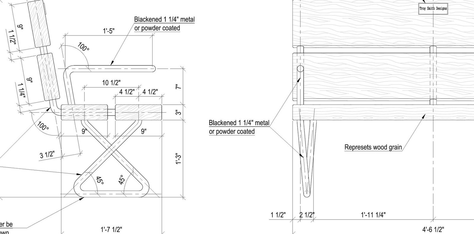 Park bench shop drawings: elevation and detail with blackened metal frame