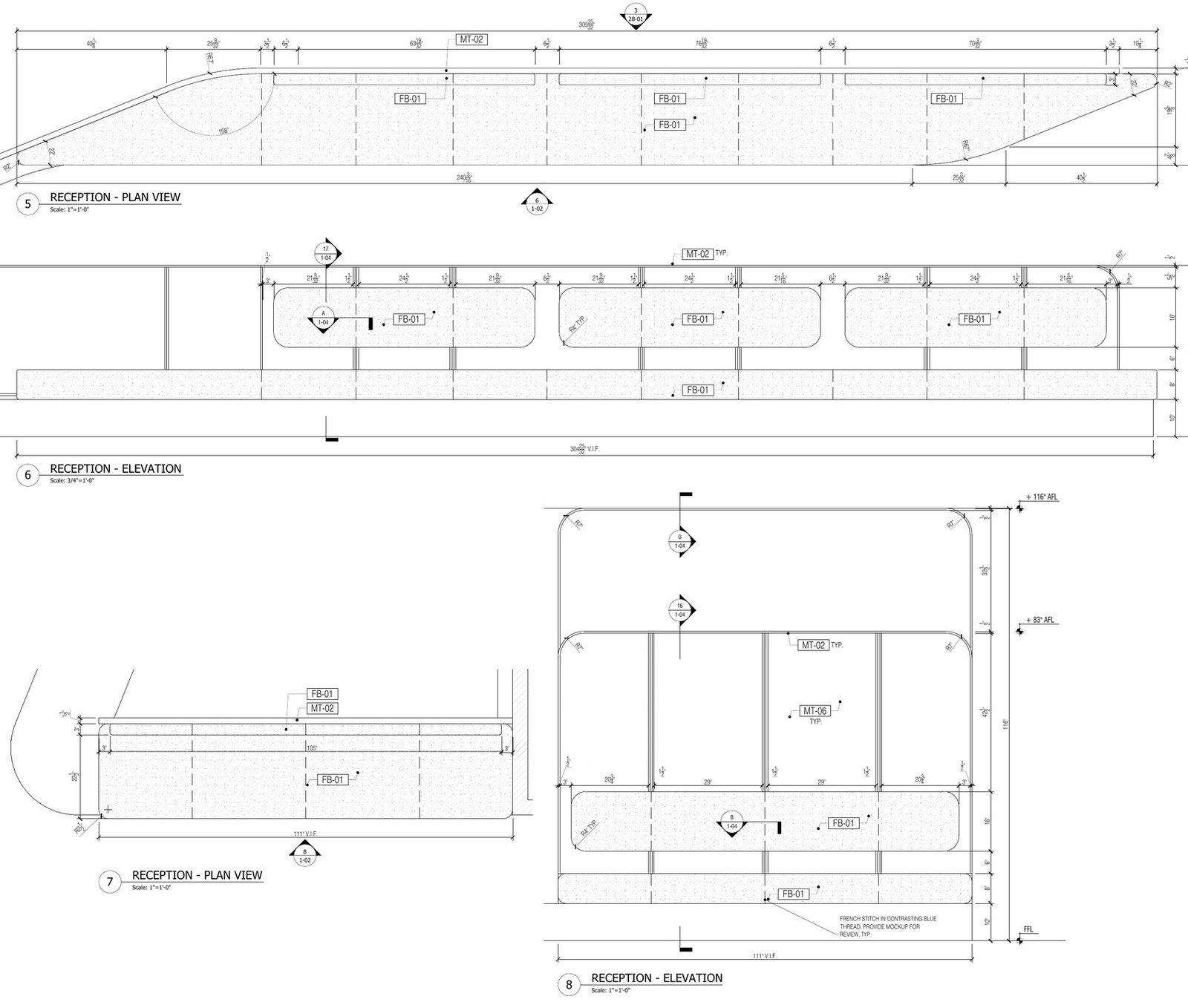 Reception desk shop drawings: plan view and front elevation