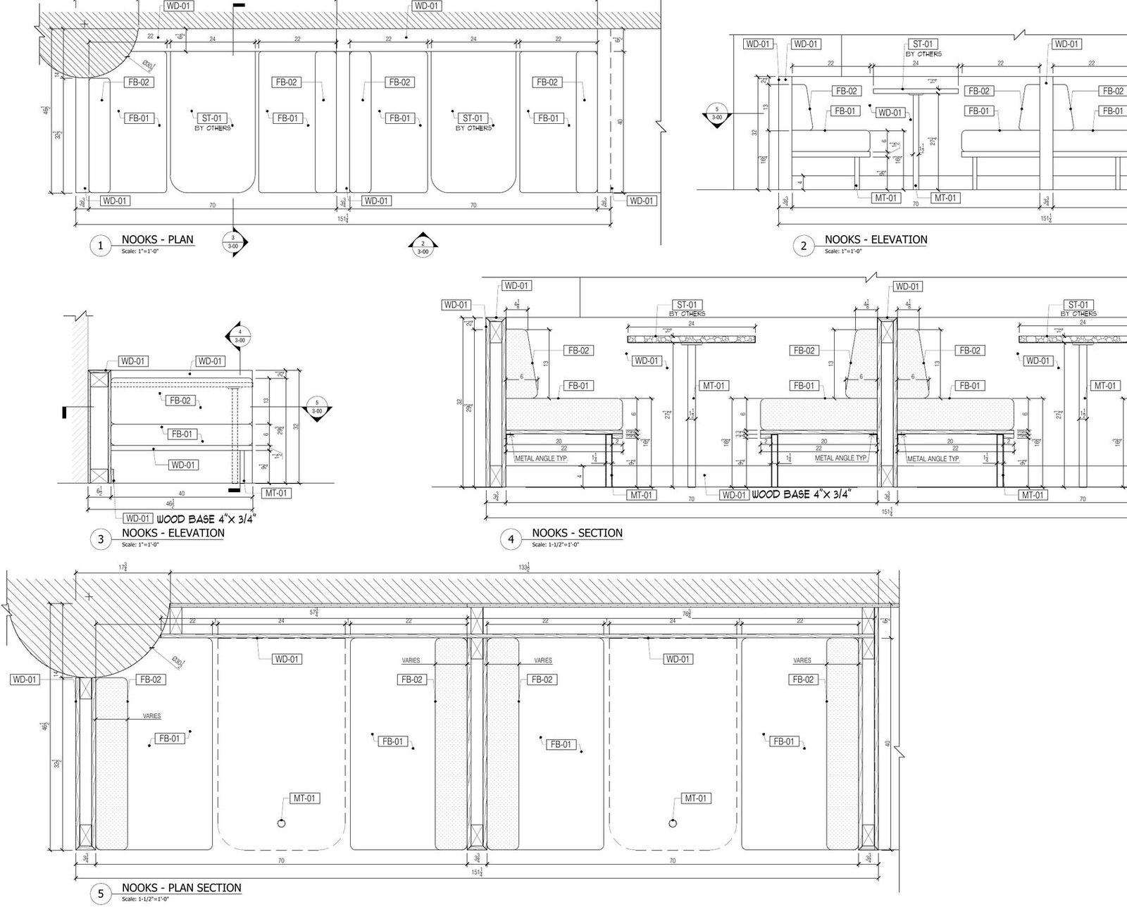 Restaurant booth shop drawings: nook plan, elevations and sections
