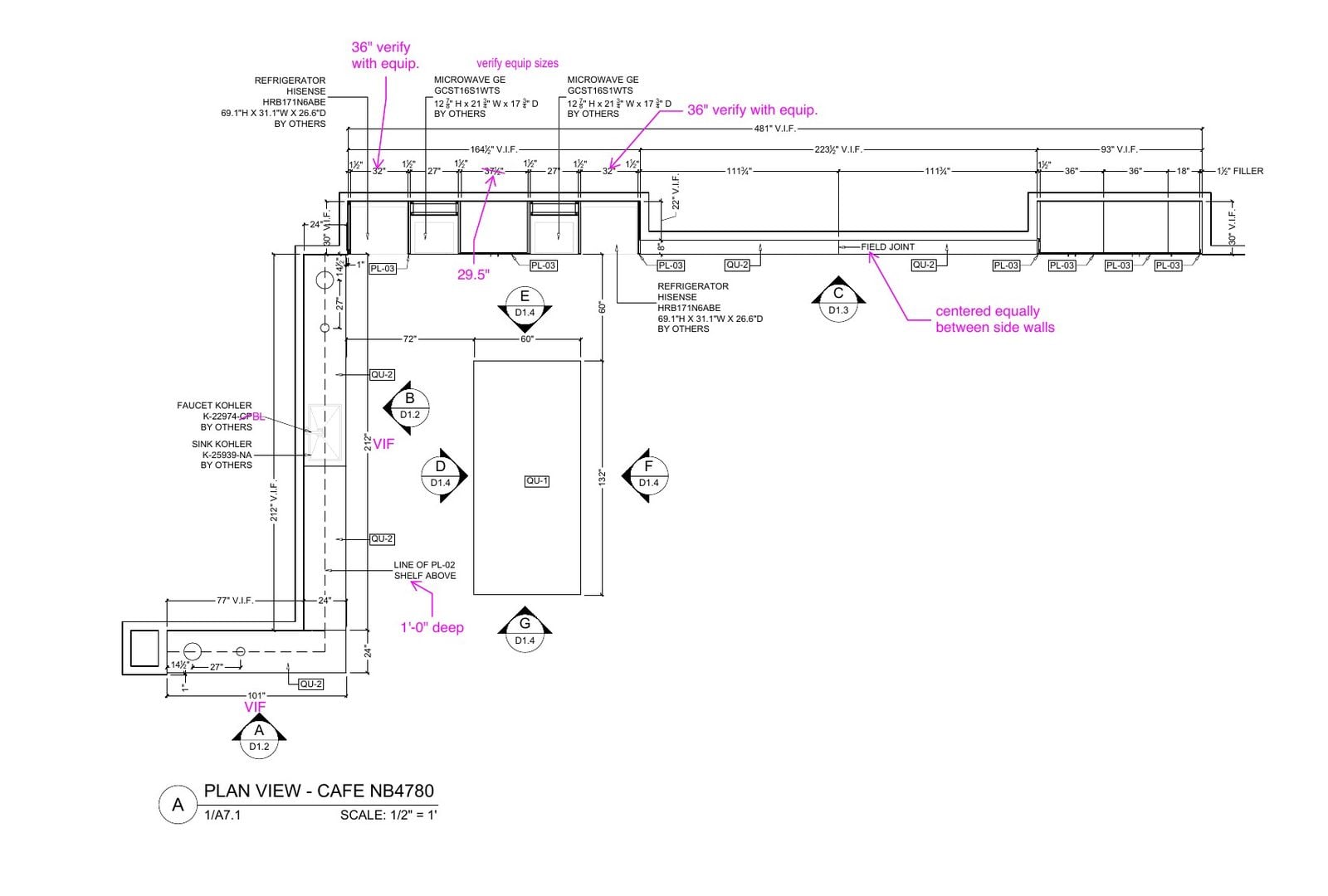 Shop drawing plan view returned with review comments in magenta