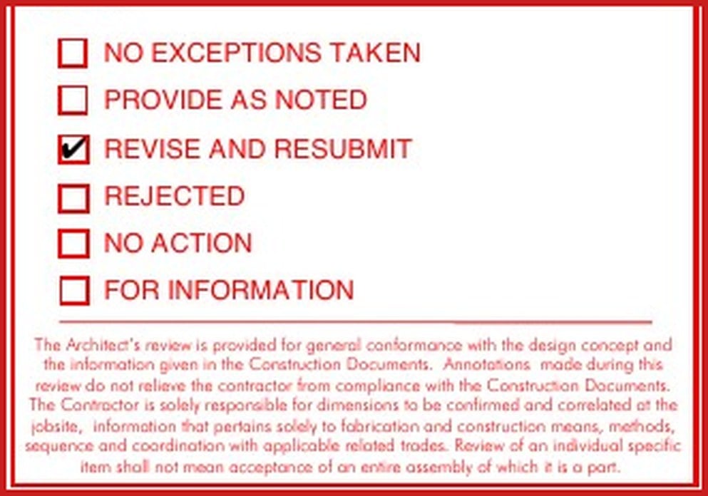 Architect review stamp on a shop drawing submittal with revise and resubmit ticked