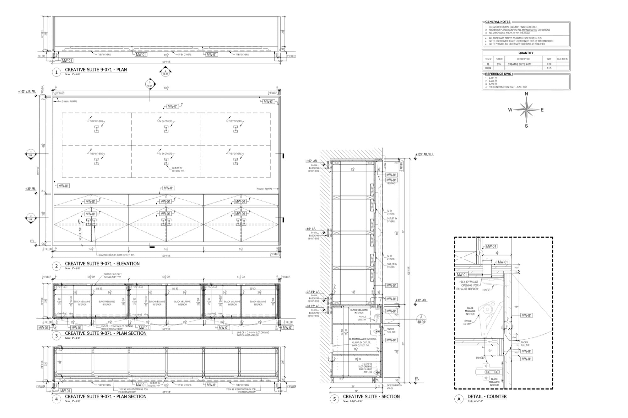 Office casework drawings of the kind that make up a submittal package