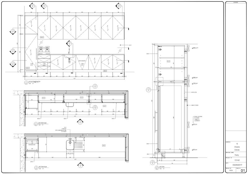 Millwork pantry drawing marked up during an architect review