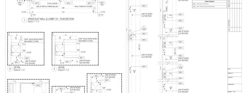 Shop drawing sheet with plan, sections and details as it goes out for submittal