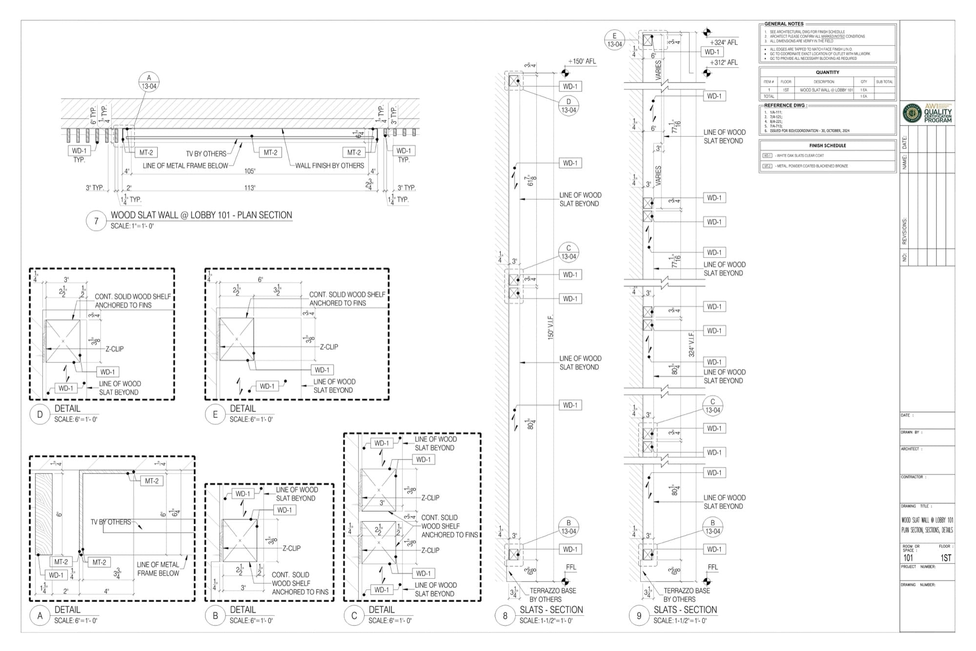 Shop drawing sheet with plan, sections and details as it goes out for submittal