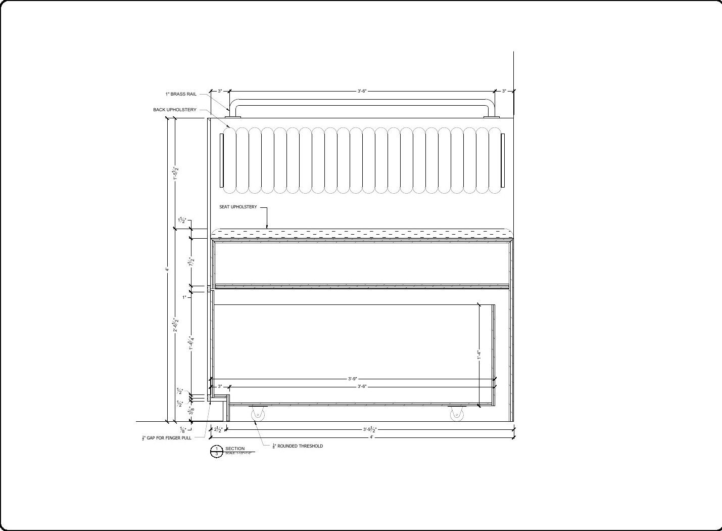 Tufted banquette shop drawings: elevation with brass rail and seat build up