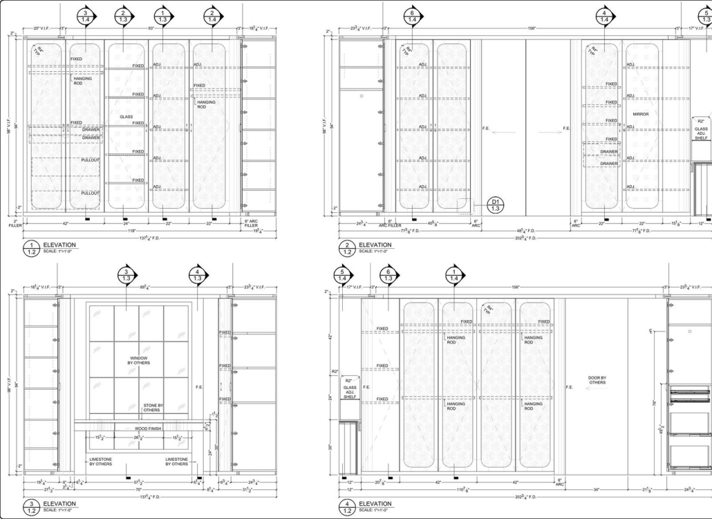 Closet millwork: elevations of a walk in wardrobe with glazed fronts