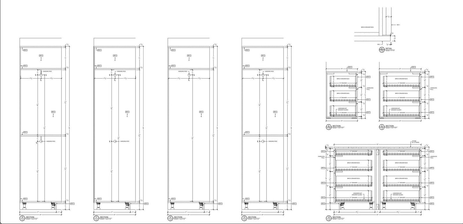 Wardrobe Drawer Details Wardrobe shop drawings: drawer box details with undermount slides