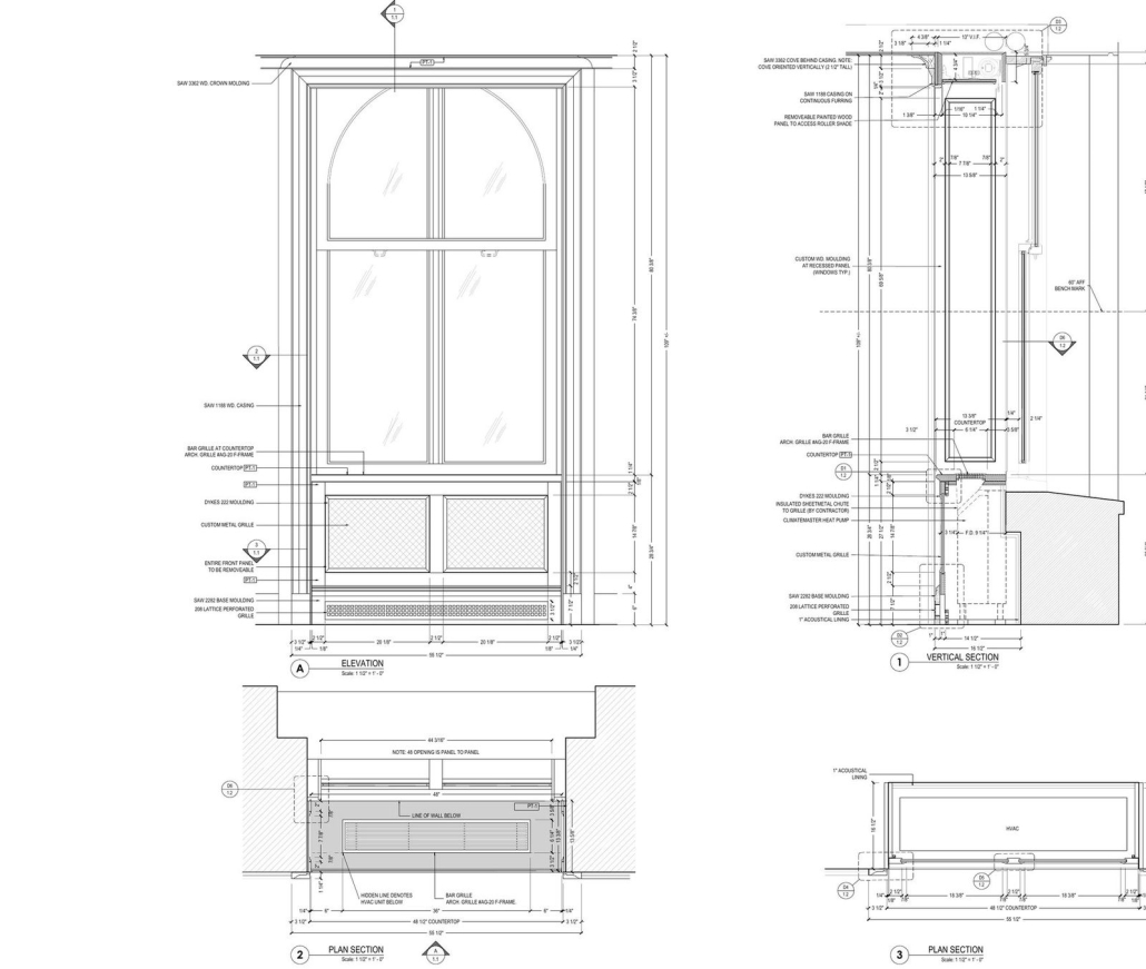 Window surround millwork: elevation with vertical and plan sections