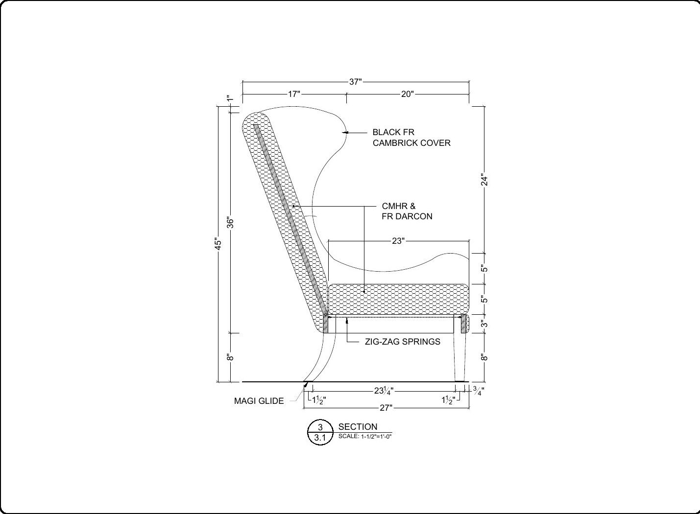 Wing back chair shop drawings: section showing springs and upholstery build up