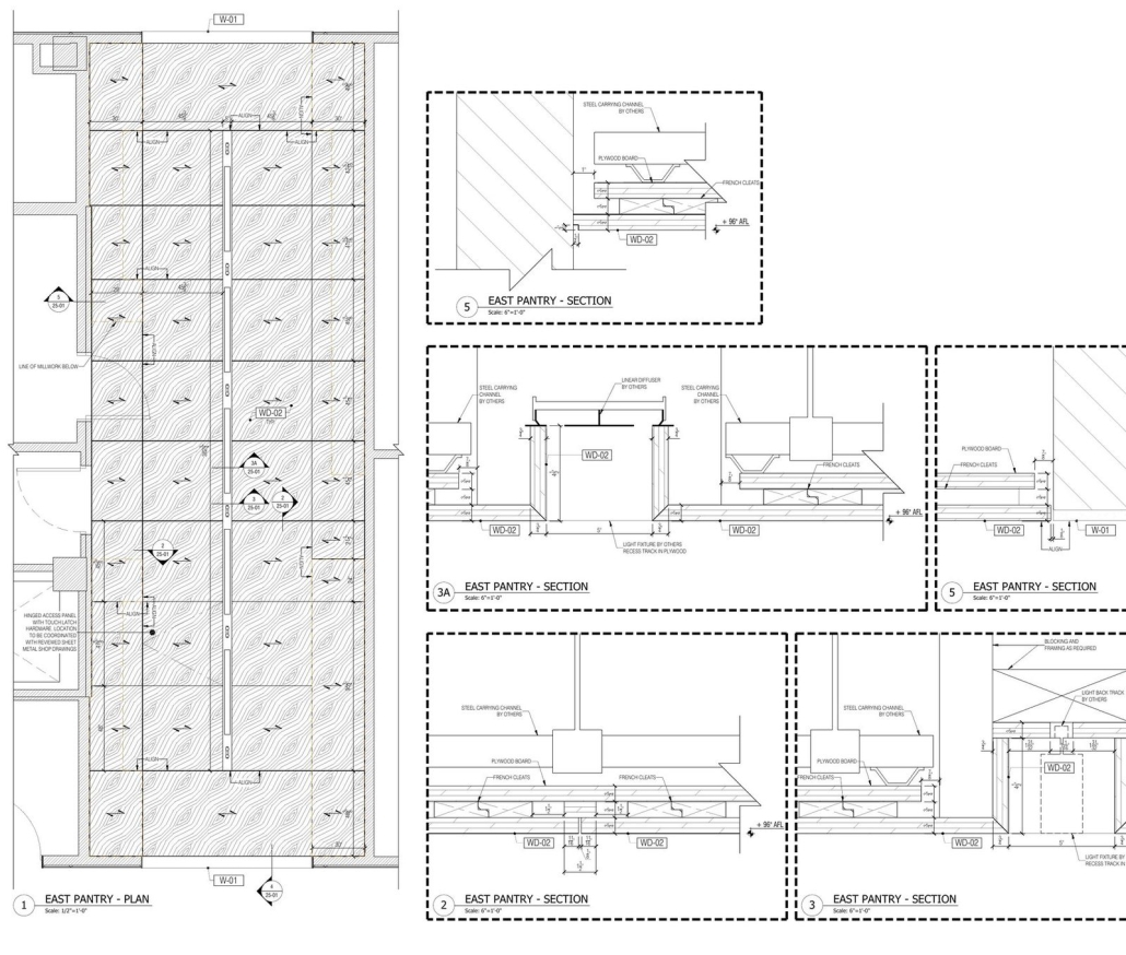 Wood ceiling millwork: reflected plan with sections through the slats