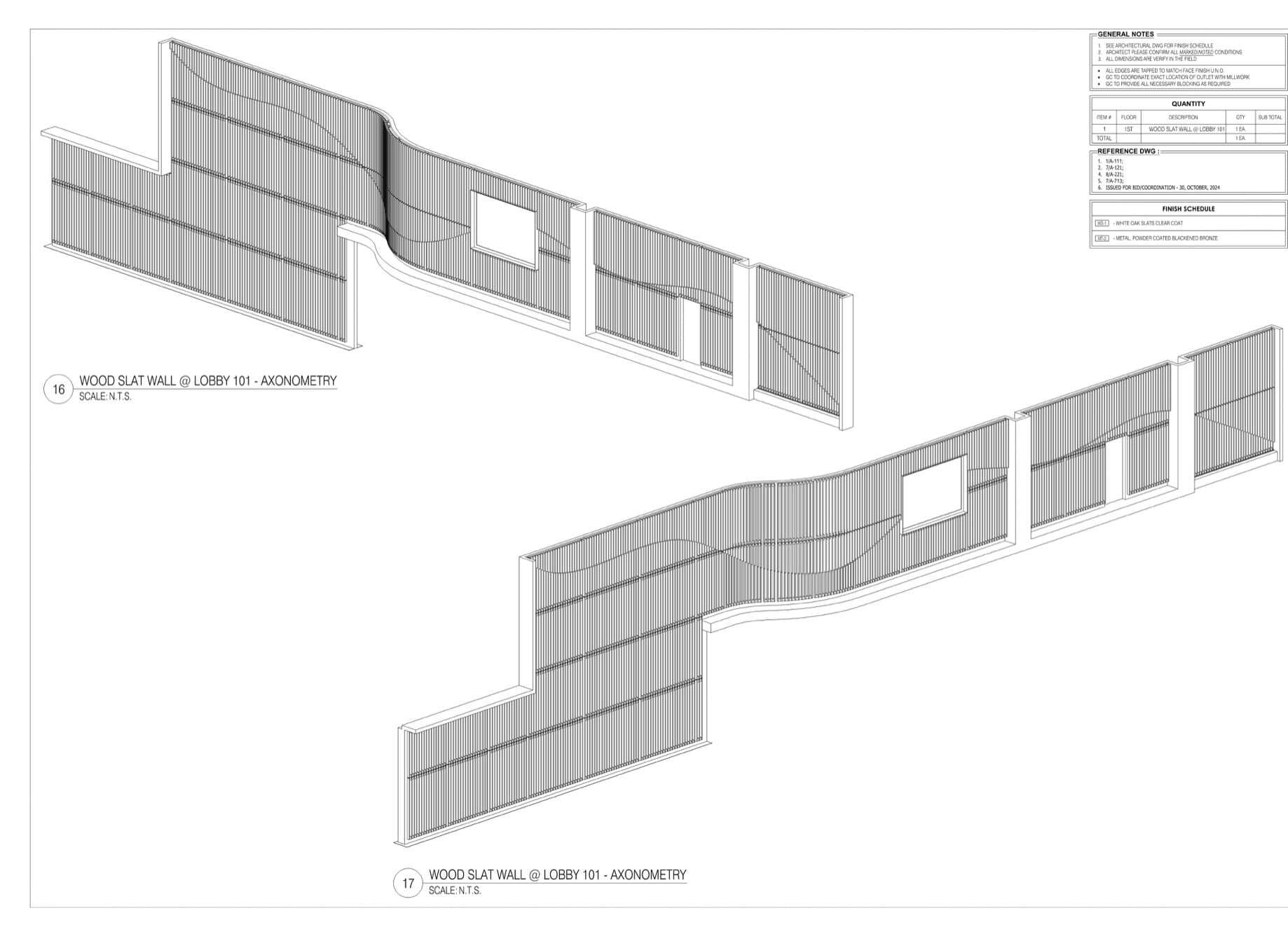 Millwork example: wood slat wall axonometry from a shop drawing set