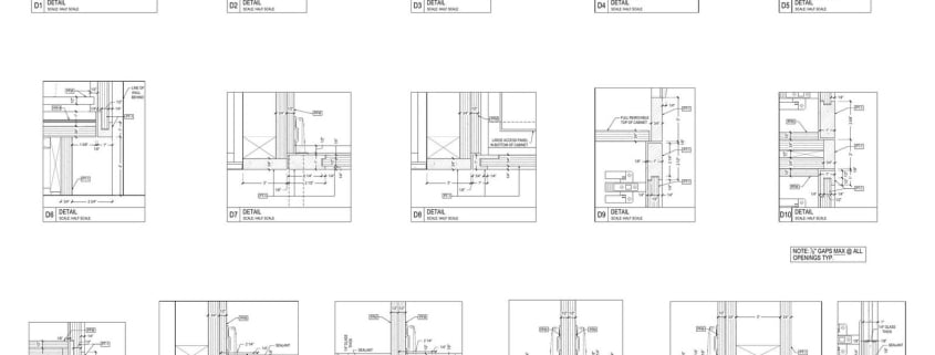 Sixteen millwork details at half scale with reveal dimensions and a note limiting gaps at all openings