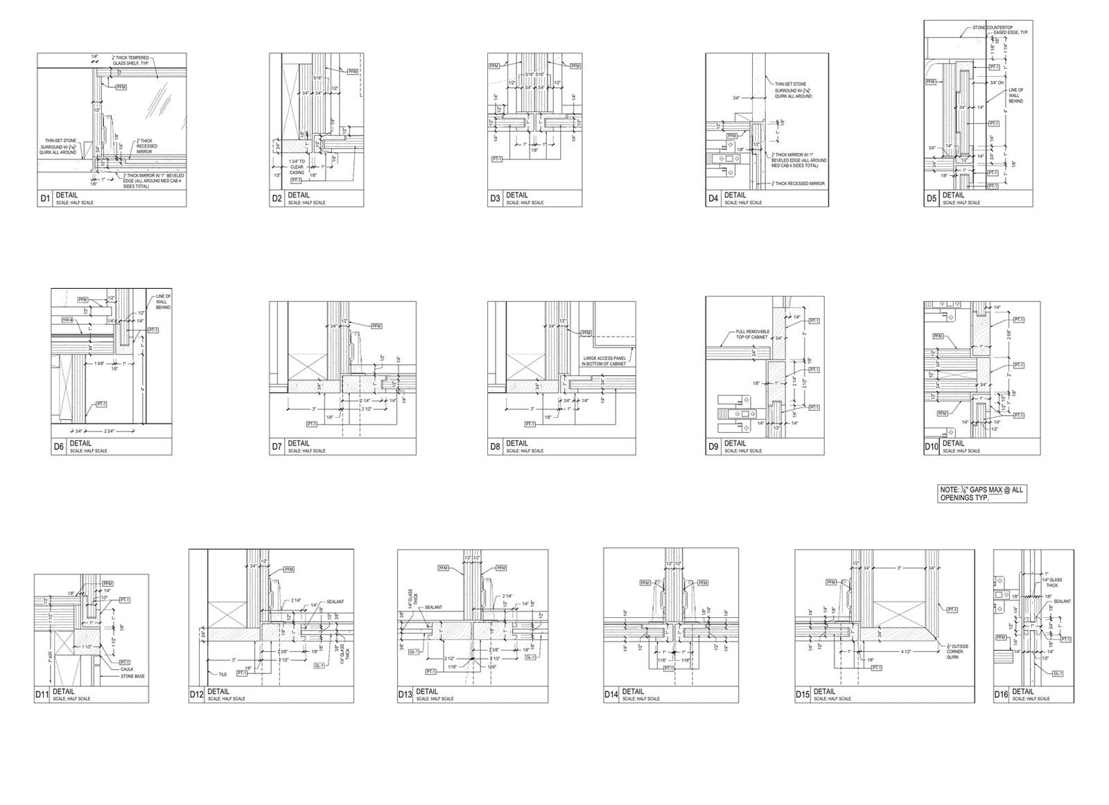 Sixteen millwork details at half scale with reveal dimensions and a note limiting gaps at all openings
