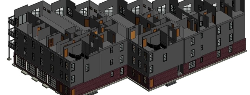 Revit model of an office building created from 2D CAD drawings, cut to show floors and internal walls