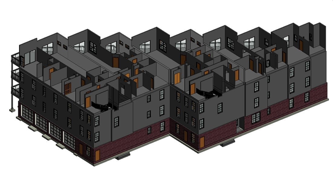 Revit Model Built From CAD Drawings Revit model of an office building created from 2D CAD drawings, cut to show floors and internal walls