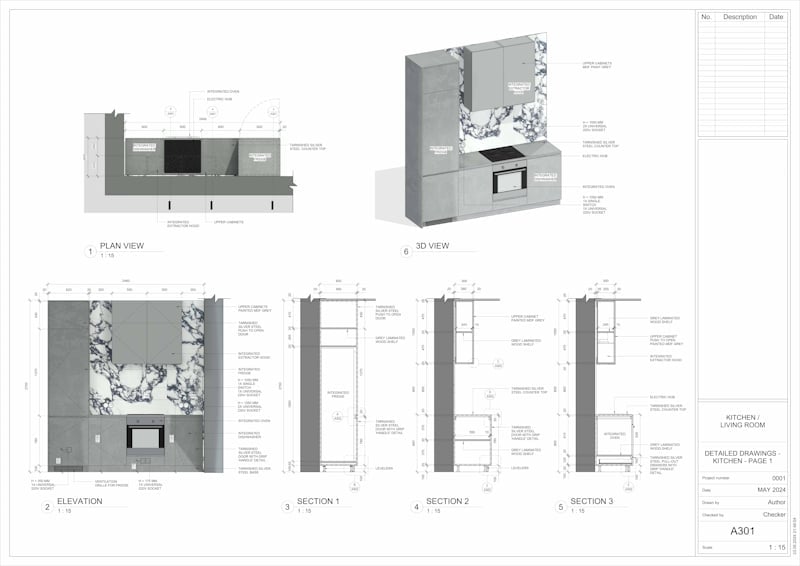 Drawing Sheet Generated From a Revit Model Kitchen drawing sheet with plan, elevation, three sections and a 3D view taken from the Revit model