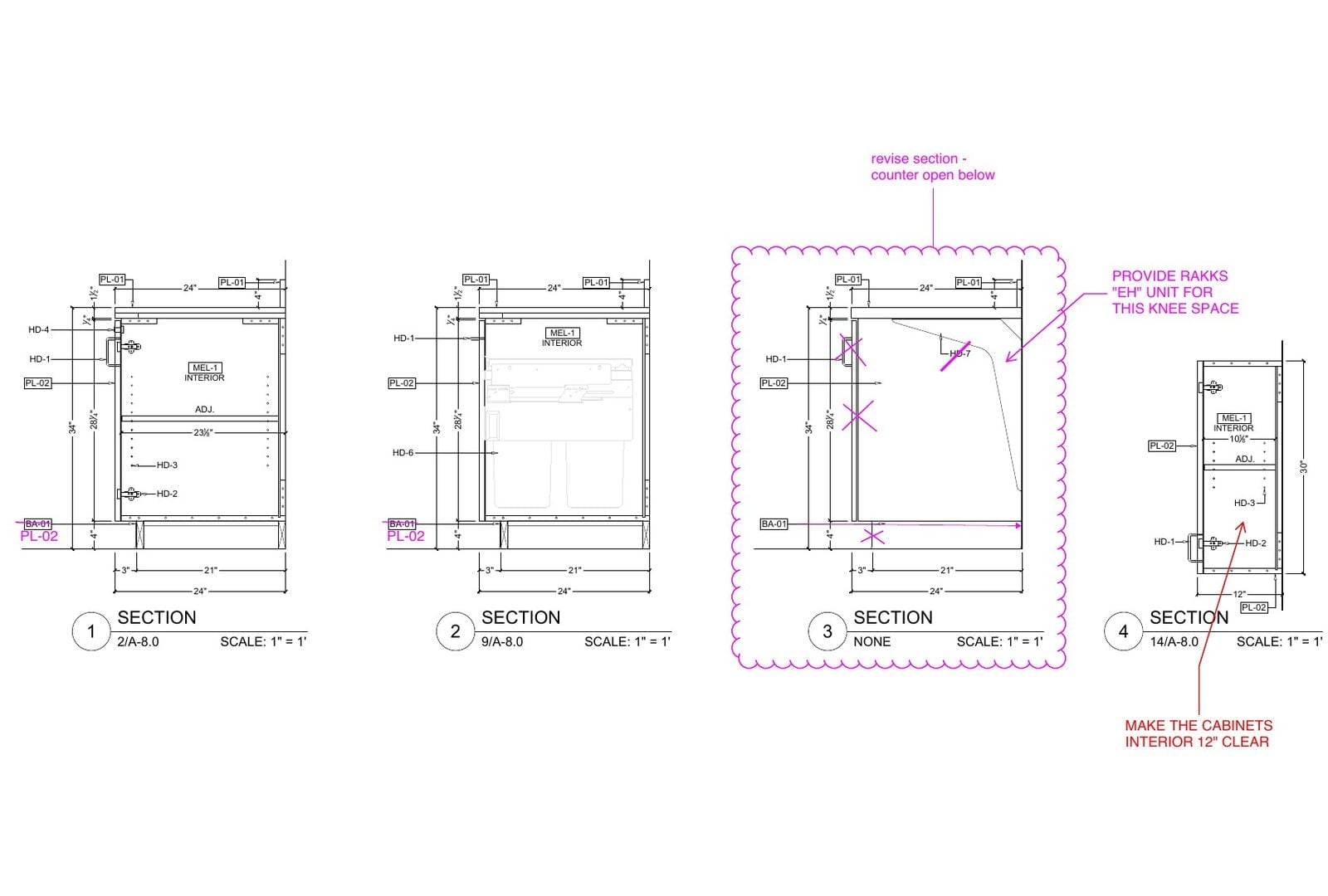 Cabinet sections marked up with clouded comments asking to revise a section and clear the interior