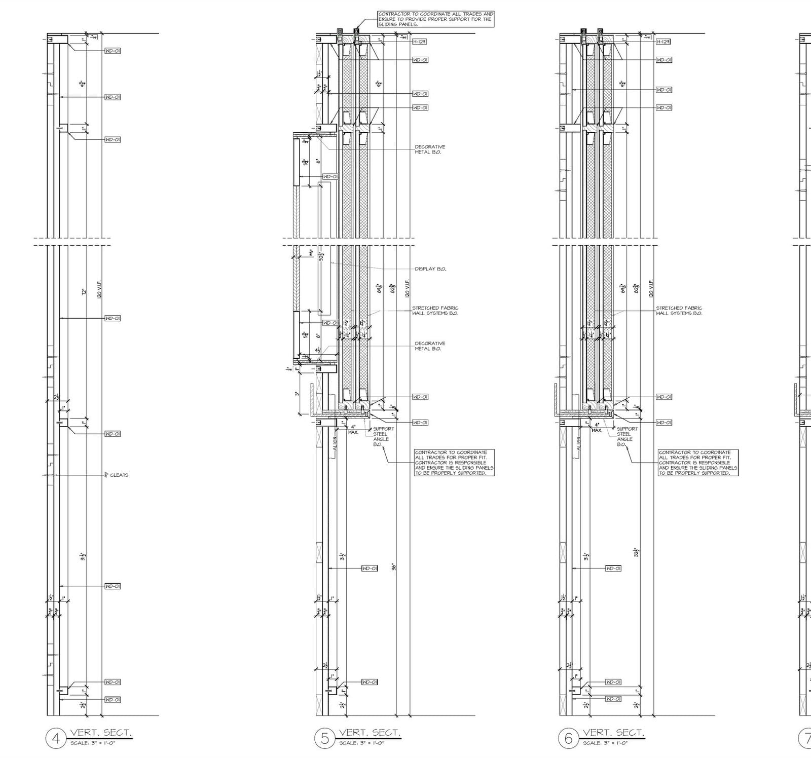 Vertical sections of wall panelling with notes on contractor coordination, support steel angle by others and cleats
