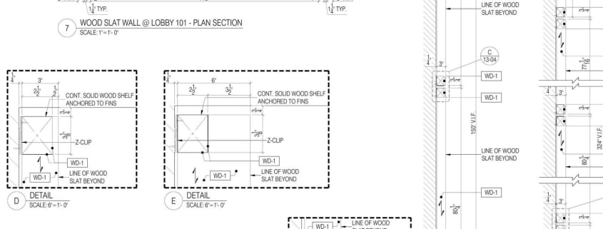 Wood slat wall plan section and details showing Z-clips, anchoring to fins and items marked by others
