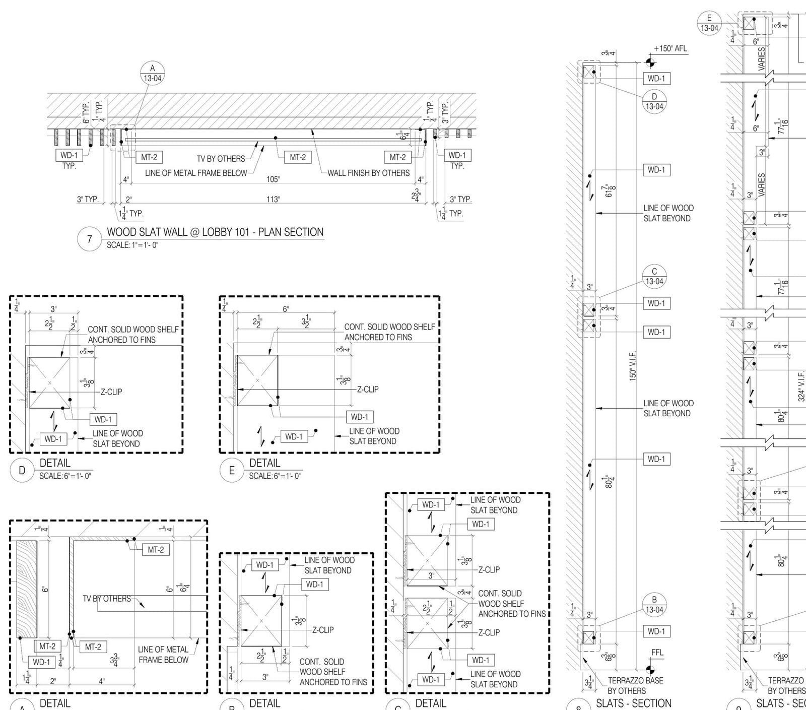 Wood slat wall plan section and details showing Z-clips, anchoring to fins and items marked by others