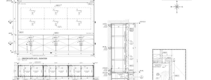 Millwork shop drawing sheet with plan, elevation, sections and general notes, prepared for architect approval