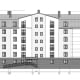 Exterior elevation of a five-storey residential building with floor levels, window openings and grid lines