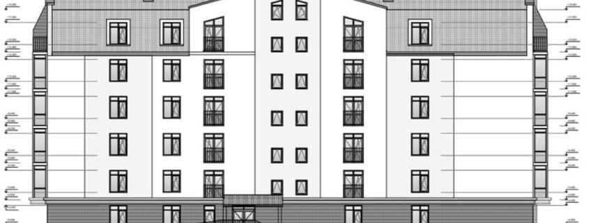 Exterior elevation of a five-storey residential building with floor levels, window openings and grid lines