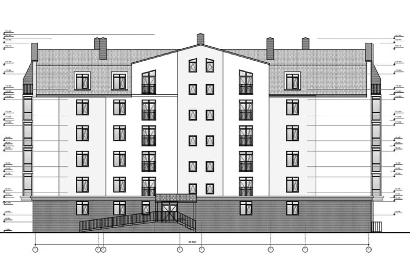 Exterior elevation of a five-storey residential building with floor levels, window openings and grid lines